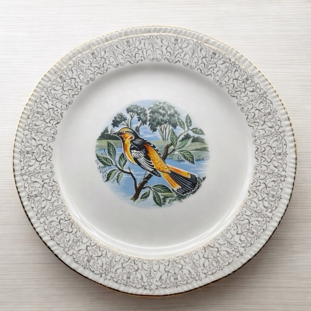 Vtg Homer Laughlin Oriole Plate Decorative China Bird Dish Gold Filigree Rim USA